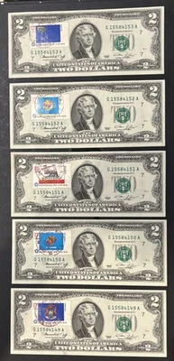 Five Uncirculated 1976 Sequential Two Dollar Bills with Bicentennial Stamps - Image 1 of 2