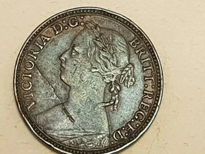 Original 1880 Open Top 8 Variety, Toned & Die Crack Victoria Farthing Coin - EF - Bild 1 von 12