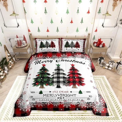 King Size Xmas Tree Comforter Set with 2 Pillowcases, Holiday Plaid Bedding 3Pcs - Image 1 of 4