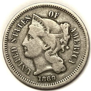 1869 Three Cent Piece. Type Coin. Nice Coin! Large CUD On Reverse - Picture 1 of 2
