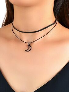 Gothic Black Pu Leather Double layer Chain Moon Charm Punk 90s Tattoo Choker