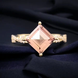 925 Sterling Silver 6 mm Square Shape Natural Pink Morganite Ring Cubic Zirconia - Picture 1 of 7