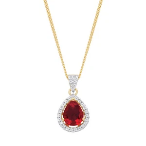 9ct Yellow Gold on Silver Teardrop simulated RUBY Cluster Pendant Necklace - Picture 1 of 8