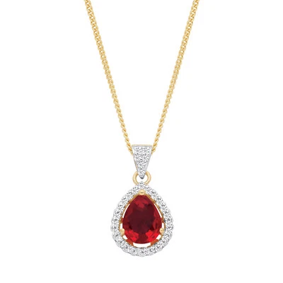 9ct Yellow Gold on Silver Teardrop simulated RUBY Cluster Pendant Necklace - Image 1 of 4