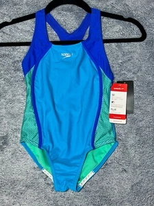 Speedo NWT Girl's Cyan Athletic Racerback One Piece Swimsuit UV Protection Sz 8 - Picture 1 of 12