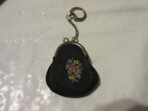 Vintage Deutschland schwarz Blumen Gobelin Nadelspitze Geldbörse Schlüsselring - Bild 1 von 12