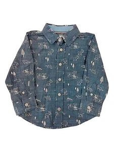 Toddler Boys Blue Forest Animals Fox Bear Long Sleeve Button Down T-Shirt 2T - Picture 1 of 2