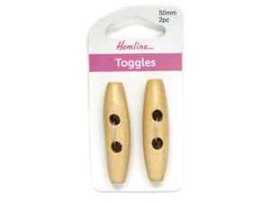 Hemline Buttons, Toggles Light Woodtune 2 hole 50mm, Pack of 2 Toggles - Imagen 1 de 1