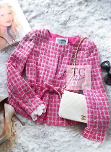 CHANEL 14S Pink White Belt Cotton Tweed Jacket by Karl Lagerfeld 34 US2 - Picture 1 of 18