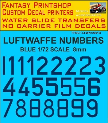 German  Luftwaffe  Numbers  BLUE DECALS TRANSFERS 8mm  FPNCF-LFWN72001B  1/72 - Image 1 of 4