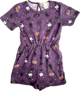 Emma & Elsa Girls Purple Halloween Romper Gold Glitter Pumpkins - Size 7 - Picture 1 of 8