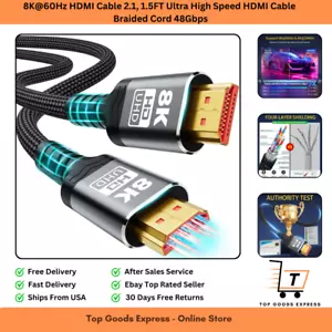 8K@60Hz HDMI Cable 2.1, 1.5FT Ultra High Speed HDMI Cable Braided Cord 48Gbps - Picture 1 of 12