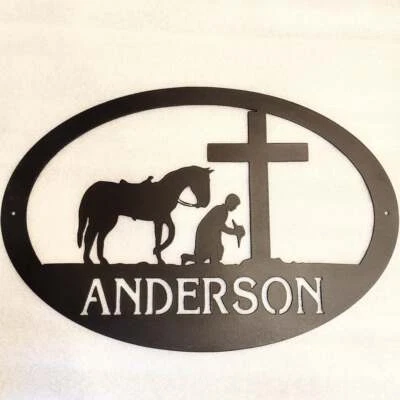 Metal Praying Cowboy and Cross 24" Wide Custom Last Name and Color Plasma Cut Si - Image 1 of 4