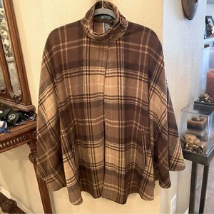Vtg LAUREN RALPH LAUREN Women Earthy Color Plaid Wool Blend Cape Poncho Size S/M - Picture 1 of 10