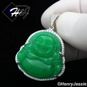 MEN WOMEN 925 STERLING SILVER ICY BLING 3D GREEN JADE BUDDHA PENDANT*SP236 - Picture 1 of 4