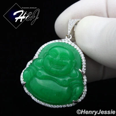 HOMBRE MUJER PLATA ESTERLINA 925 ICY BLING 3D VERDE JADE BUDA COLGANTE*SP236 Foto 1 de 4