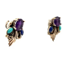 Vintage .925 Sterling Silver Amethyst, Turquoise, and Lapis Earrings 4.9g - Picture 1 of 9