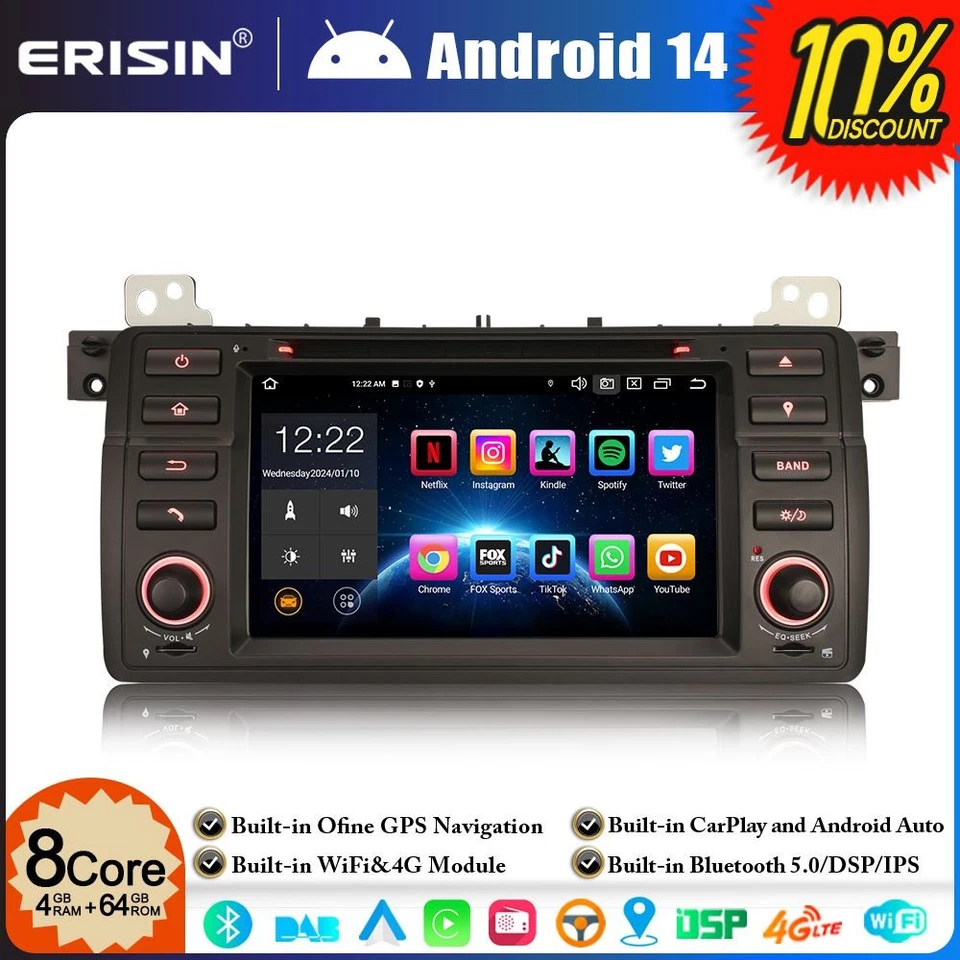 8-Core 64GB Android 14 DAB+ DVD Autoradio per BMW Serie 3 E46 M3 ROVER 75 MG ZT - Immagine 1 di 4