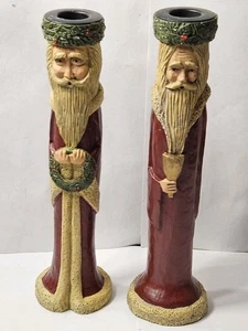 Weihnachtsmann alte Welt Kerzenständer Paar Kerzenständer Volk geschnitzt Keramik Scheunenstil - Bild 1 von 12