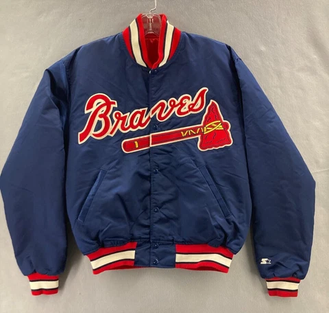 VTG ATLANTA BRAVES SATIN JACKET MENS LARGE STARTER DIAMOND COLLECTION 90s  BLUE Cover