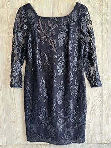 Adrianna Papell Blue Lace Sequin 3/4 Sleeve Shift Dress Lined Back Zip Sz 16 - Picture 1 of 21