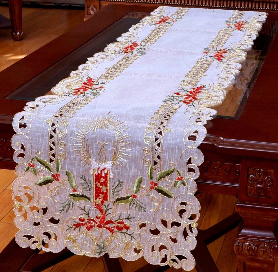 Holiday Christmas Candle Placemat Table Cloth Runner White 16X72" - Image 1 of 1