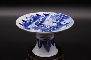 Chinese Antique Blue and White Porcelain Stem Plate With Landscape - Picture 1 of 12