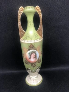 "Antike königliche Wettin Deutschland grüne Juwelenvase Jugendstil Porträt 9 3/4""" - Bild 1 von 7