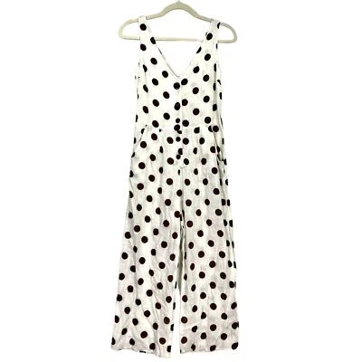 Monteau Jumpsuit Womens Small Cream Brown Linen Polka Dot Pockets Preppy NO BELT - Image 1 of 4