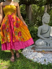 Women Yellow Pink Halter Neck Summer Dress, Handkerchief Hem Silk Dress S/M