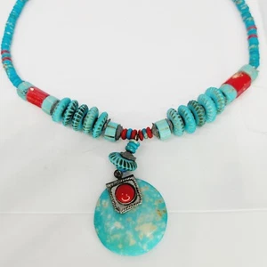 Vintage Heishi Perlen Halsband Halskette Faux Türkis Blau Scheibe Rot Koralle Südwesten  - Bild 1 von 6
