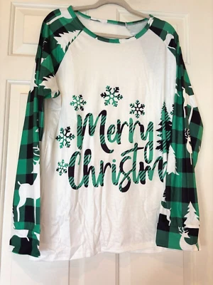 Holiday Shirt White Merry Christmas Green Plaid Size Adult L NEW - Image 1 of 3