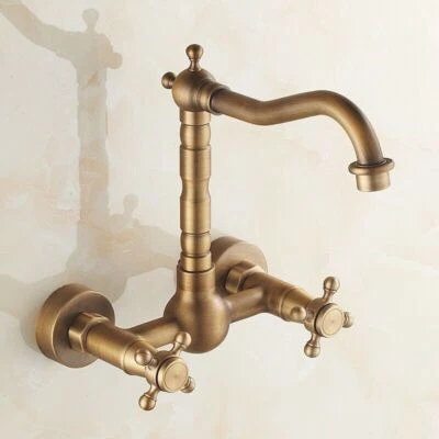 Wall Mount Antique Brass Faucet Dual Cross Handle Swivel Vessel Water Mixer Tap - Image 1 of 4