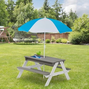 3-in-1 Kids Outdoor Wooden Picnic Table With Umbrella, Convertible Sand & Wate, - Picture 1 of 10