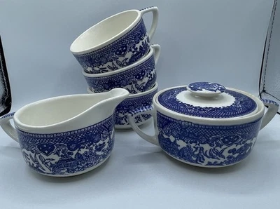 Vintage Blue Willow Sugar Bowl With Lid And Creamer & 3 Coffee Cups Blue White - Image 1 of 4