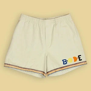 Bode Natural Cotton Twill Embroidered Donkey Party Elastic Waist Shorts L/XL - Picture 1 of 9