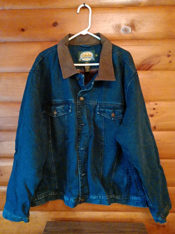 Chaqueta vaquera de mezclilla forrada de franela Cabelas para hombre talla 2XL cuello de cuero, bolsillos  Foto 1 de 4