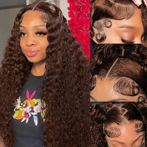 24 Inch 13x6 Brown Deep Wave Lace Front Wigs Human Hair Chocolate Brown Curly... - Picture 1 of 6