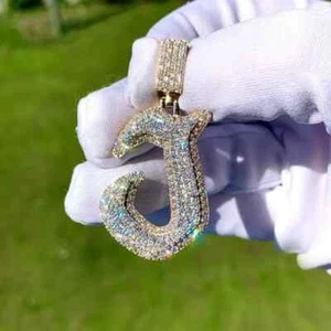 Lab Created 2Ct Round Cut Men's Custom "J" Letter Pendant 925 Sterling Silver - Picture 1 of 7