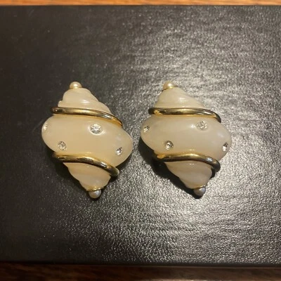 Pendientes de clip vintage KJL Kenneth Lane oro blanco perlas cristales CÁSCARA 7077 Foto 1 de 4