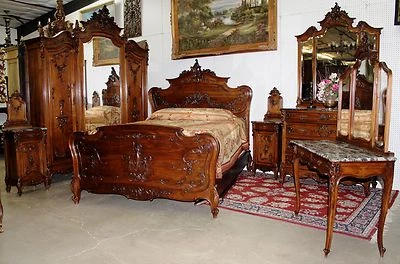 Superb Antique French Louis XV Carved Walnut 6 Piece Queen Cherub Bedroom Set - Image 1 of 4