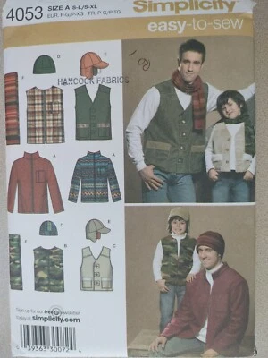 Simplicity Sewing Pattern 4053 Boys' Men's Jackets Vests Hats Scarf Sizes S M L - Image 1 of 2