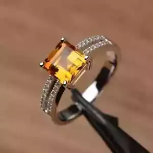 2CT Princess Cut Lab-Created Citrine Solitaire Ring 14K White Gold Plated Silver - Picture 1 of 8