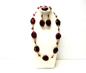 Chunky Red Orange Oval Splatter Acrylic w/Red Stone Nugget Bead Neck/Brace/Earri - Picture 1 of 11