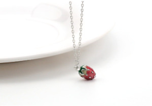 Titanium Silver/Gold 3D Red Strawberry Pendant Chain Necklace