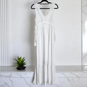 TRUE CRAFT Maxi Dress Small 100% Cotton Gauze White Boho Pullover Sleeveless - Picture 1 of 11