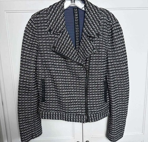 TORY BURCH Giacca Moto Donna Nera Raffia Magliata Tweed