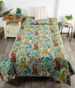 Grey Print Indian Kantha Quilt Twin Cotton Blanket Vintage Bedspread - Picture 1 of 3