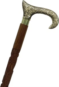 Antique Brass Engraved Head Handle Victorian Handcraft Wooden Walking Stick Cane - Picture 1 of 6