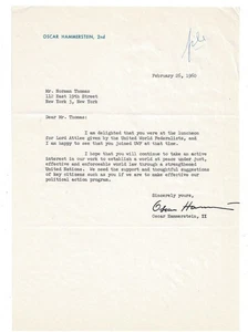 1960 LETTER SIGNED by Musical Theater great OSCAR HAMMERSTEIN to Norman Thomas - Picture 1 of 1